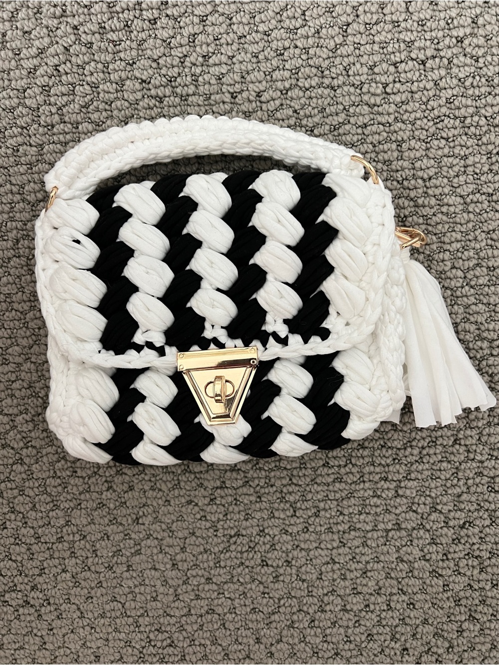 Woven Black & White Crossbody Bag with Gold Accent and long chain